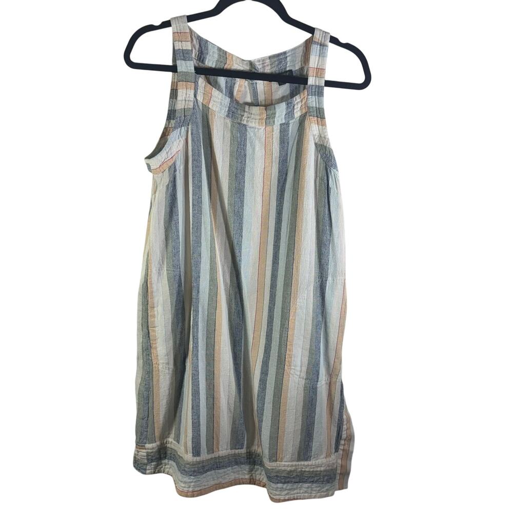 For Cynthia Linen Blend Striped Sleeveless Tunic Top L Button Side Beach Boho